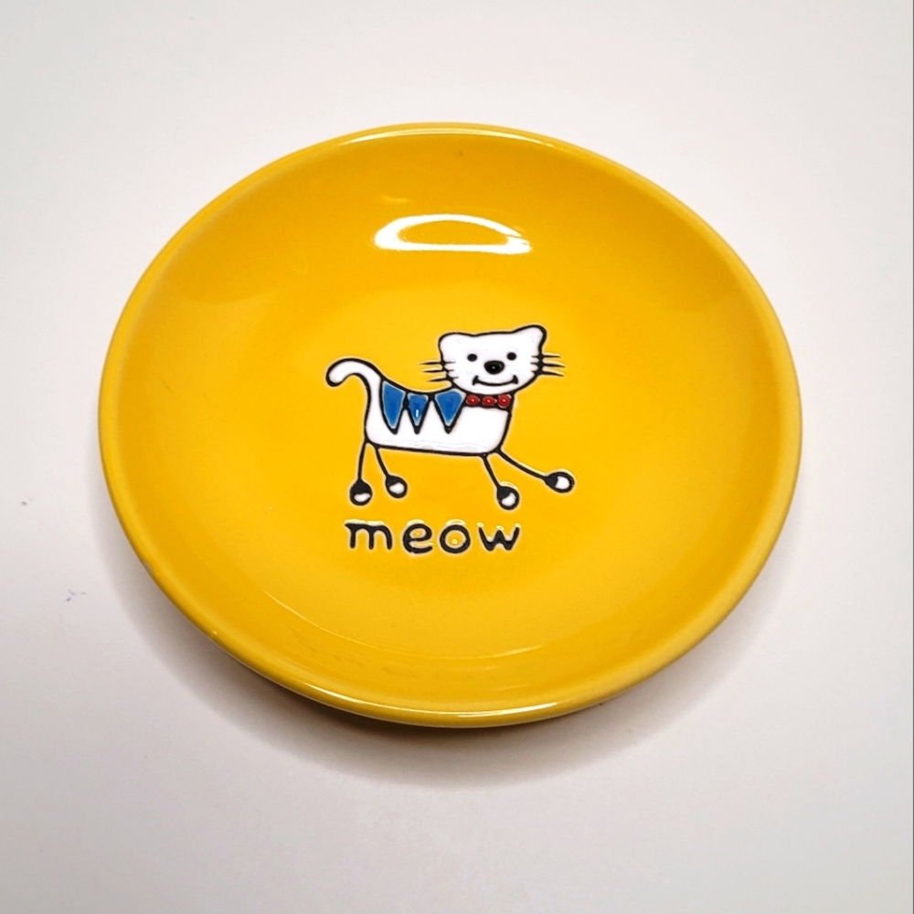 Yellow Small Cat Dish or Trinket Dish MEOW Kitty Cat Graphic